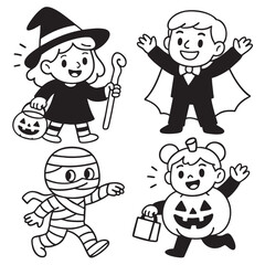 Coloring book page featuring children in Halloween costumes with transparency for easy coloring