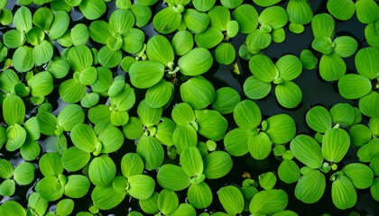 A close-up view showcasing clusters of vibrant green aquatic plants floating on calm, dark water. 
