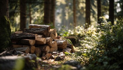 Obraz premium Sunlit woodpile in a forest