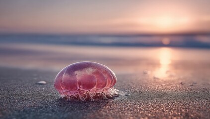 Pink jellyfish on a sandy beach at sunrise