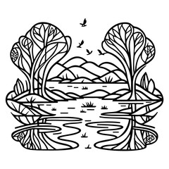 Serene lakeside landscape illustration featuring silhouetted trees birds hills and water