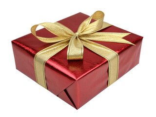 Fototapeta premium Shiny red gift box with gold ribbon, perfect for celebrations and special occasions, evokes feelings of joy and excitement