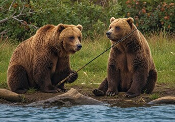 Two Grizzly Bears Fishing Together, One Holding Rod, Nature's Humor.