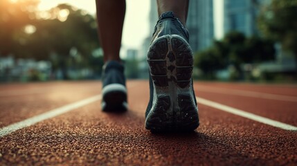 Fototapeta premium Athletic individual running on a track with vibrant surroundings and dynamic motion captured