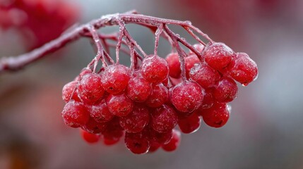 A branch of red berries is covered in frost