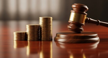 Wooden gavel resting on a stand, with stacks of gold coins arranged in ascending order, symbolizing financial legal matters.