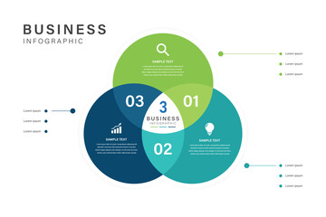 Modern Business Infographic with 3 Overlapping Circles Venn Diagram Style Vector Design