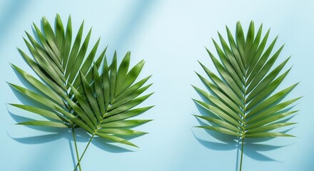 Two vibrant green palm fronds arranged on a light blue background.