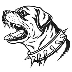 An aggressive rottweiler dog head with spiked collar, isolated on transparent background, showcasing a dangerous and protective guard animal in a vintage style