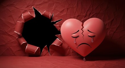 Sad pink broken heart crying next to torn red paper hole tears