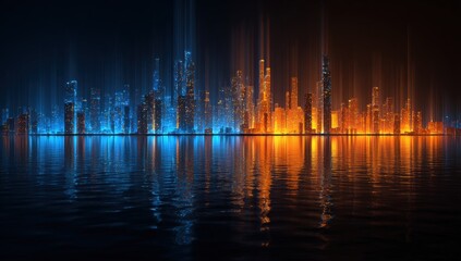 Futuristic cityscape reflected in water at night