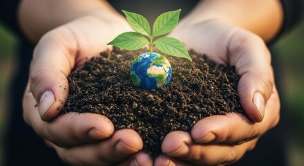 Caring hands nurturing a new green plant growing from a miniature planet Earth in rich soil.