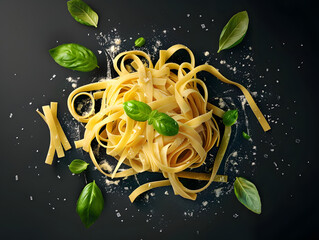 Gourmet Italian Fettuccine Pasta with Fresh Basil and Herbs on Black Plate - Top View Rustic Presentation