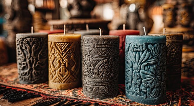 Close-up of decorative candles with carved designs - Powered by Adobe