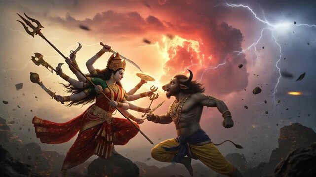 Maa durgas divine victory fierce battle against evil mahishasura demon during navratri puja celebration