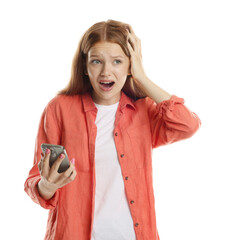 Teenage girl suffering from panic attack with smartphone on white background