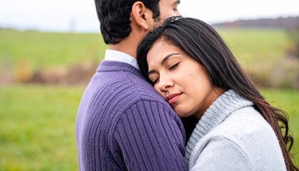 Fototapeta premium Close-up of a young woman resting her head on a man's shoulder while he embraces her, outdoors in a grassy field