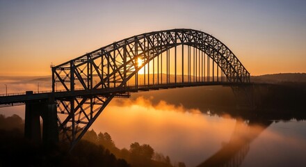 Sunrise illuminates a majestic steel arch bridge spanning a misty river, casting a warm glow on the landscape.