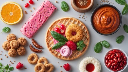 Vibrant Breakfast Spread with Waffles and Fruits