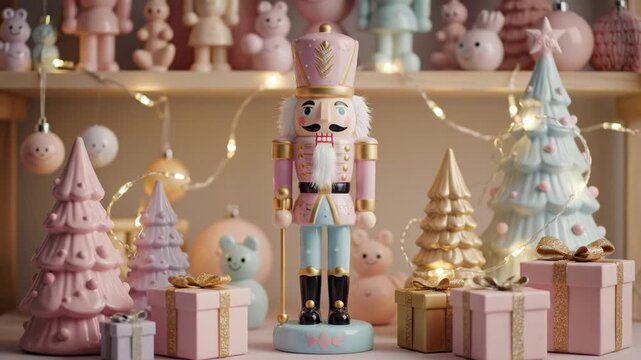 An elegant pink and gold Christmas nutcracker soldier stands among a beautiful and modern collection of pastel-colored trees gifts and decorations with warm twinkling lights

