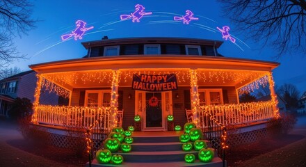 Spooky halloween house decorated with pumpkins and witch silhouettes