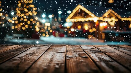A wooden table with a blurred Christmas market scene in the background, with snow falling and warm lights illuminating the scene.