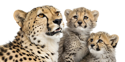 Obraz premium Highly Detailed 8 K Close Up Portrait of a Mother Cheetah and Two Cubs Against a Black Background Showing Their Spots and Fur Texture in Warm Tan and Black Hues