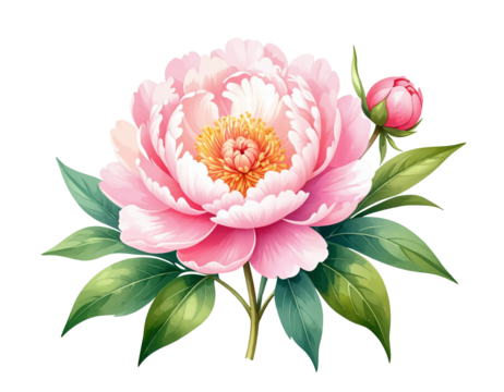 Pink Peony Flower On transparency Background with Lush Green Leaves