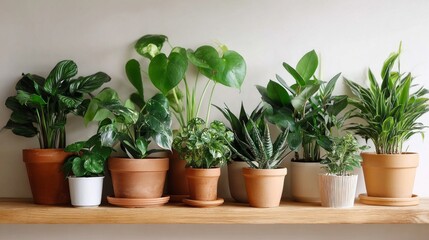 Obraz premium A shelf with a variety of potted plants, including a palm tree and a fern
