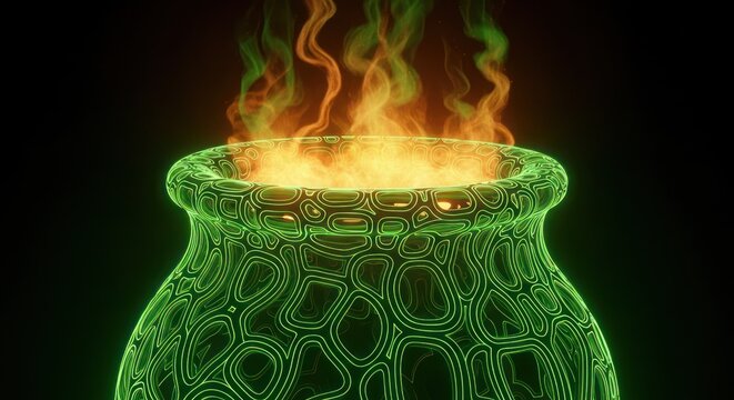 Glowing green cauldron filled with bubbling orange potion and smoke