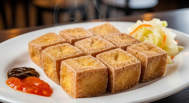 Authentic stinky tofu photo with Taiwanese food presentation style