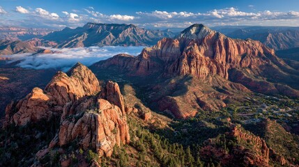 Red rock mountain range, vibrant colors, morning mist