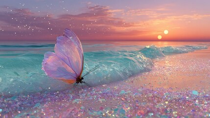 Magical Butterfly Sunset Beach Scene Sparkling Glitter Ocean Waves