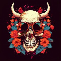 an AI Image Generator, Colorful Skull with Horns Surrounded by Flowers and Sunglasses