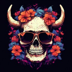 an AI Image Generator, Colorful Skull with Horns Surrounded by Flowers and Sunglasses