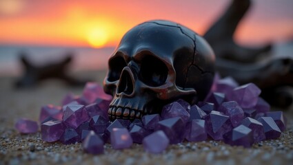 Dark skull emerging from amethyst crystals on a beach at sunset