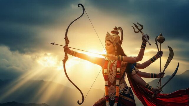 Powerful maa durga holding bow and arrow embodying divine strength and protection during navratri festivities a spiritual hindu deity