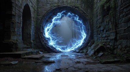 Ancient Stone Portal Glowing Blue Energy Mystical Passage