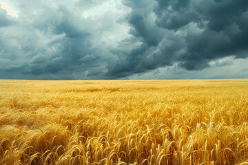 Naklejka premium Golden Wheat Field Under Dramatic Sky: Vast Scenic Rural Farming Landscape