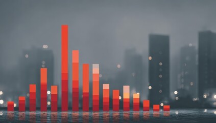 Urban cityscape with stacked red bar graph