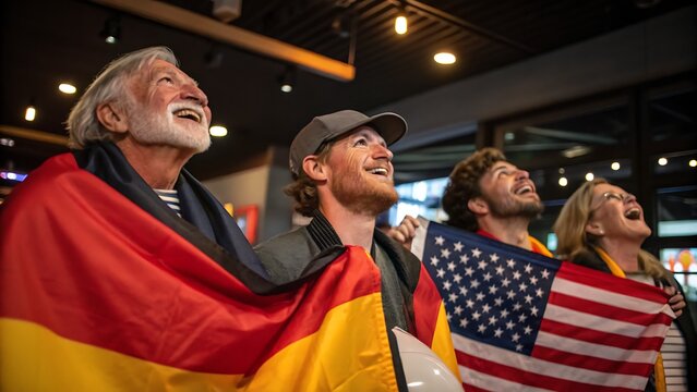 Group of Friends Cheering with Flags in a Stadium Setting

