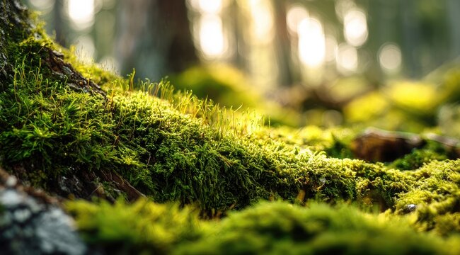Lush green moss carpet in a sunlit forest floor - Powered by Adobe