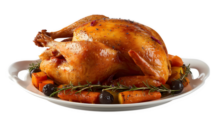 Golden roasted whole chicken served with fresh herbs and root vegetables on a white platter