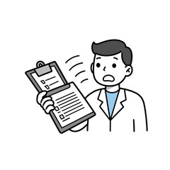 Cartoon doctor holding clipboard with checklist looking surprised or shocked wearing white coat.