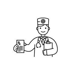 Cartoon Doctor Holding Prescription and Clipboard Wearing Uniform and Stethoscope.