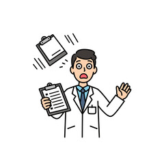 Cartoon doctor in white coat dropping clipboard with surprised expression.