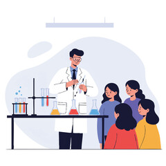 A simplified 2D flat vector illustration shows a male science teacher demonstrating a colorful experiment with beakers and test tubes on a lab bench to curious students observing intently.