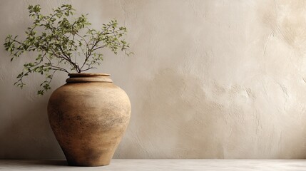 Rustic Ceramic Vase with Greenery on Textured Wall