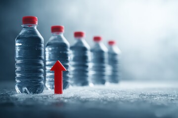 Row of water bottles on a frosted surface with an upward-pointing arrow
