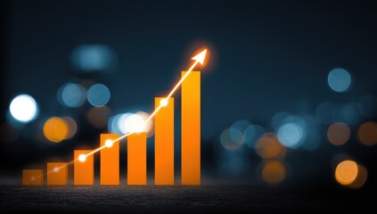 Orange bar graph showing upward trend over a city night background